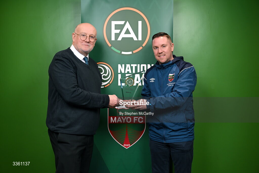 18 February 2026; FAI head of competitions Fran Gavin, left, makes a presentation to Mayo FC's Anthony O'Neill during an FAI National League Clubs Workshop at the FAI Headquarters in Abbotstown, Dublin. Photo by Stephen McCarthy/Sportsfile