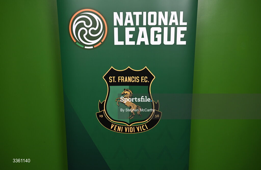 18 February 2026; The crest of St Francis during an FAI National League Clubs Workshop at the FAI Headquarters in Abbotstown, Dublin. Photo by Stephen McCarthy/Sportsfile