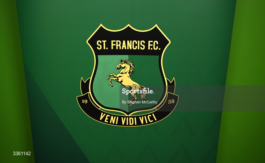 18 February 2026; The crest of St Francis during an FAI National League Clubs Workshop at the FAI Headquarters in Abbotstown, Dublin. Photo by Stephen McCarthy/Sportsfile