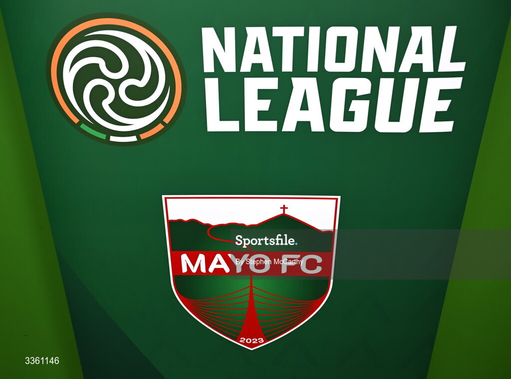 18 February 2026; The crest of Mayo FC during an FAI National League Clubs Workshop at the FAI Headquarters in Abbotstown, Dublin. Photo by Stephen McCarthy/Sportsfile