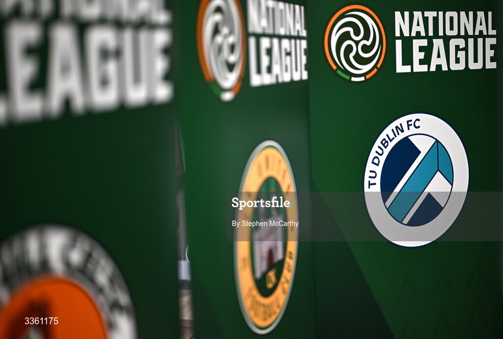 18 February 2026; The crest of TU Dublin during an FAI National League Clubs Workshop at the FAI Headquarters in Abbotstown, Dublin. Photo by Stephen McCarthy/Sportsfile