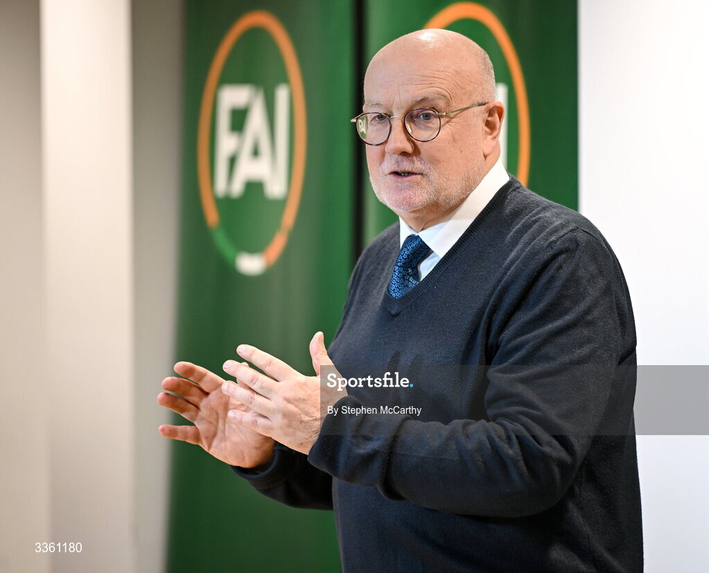 18 February 2026; FAI head of competitions Fran Gavin during an FAI National League Clubs Workshop at the FAI Headquarters in Abbotstown, Dublin. Photo by Stephen McCarthy/Sportsfile