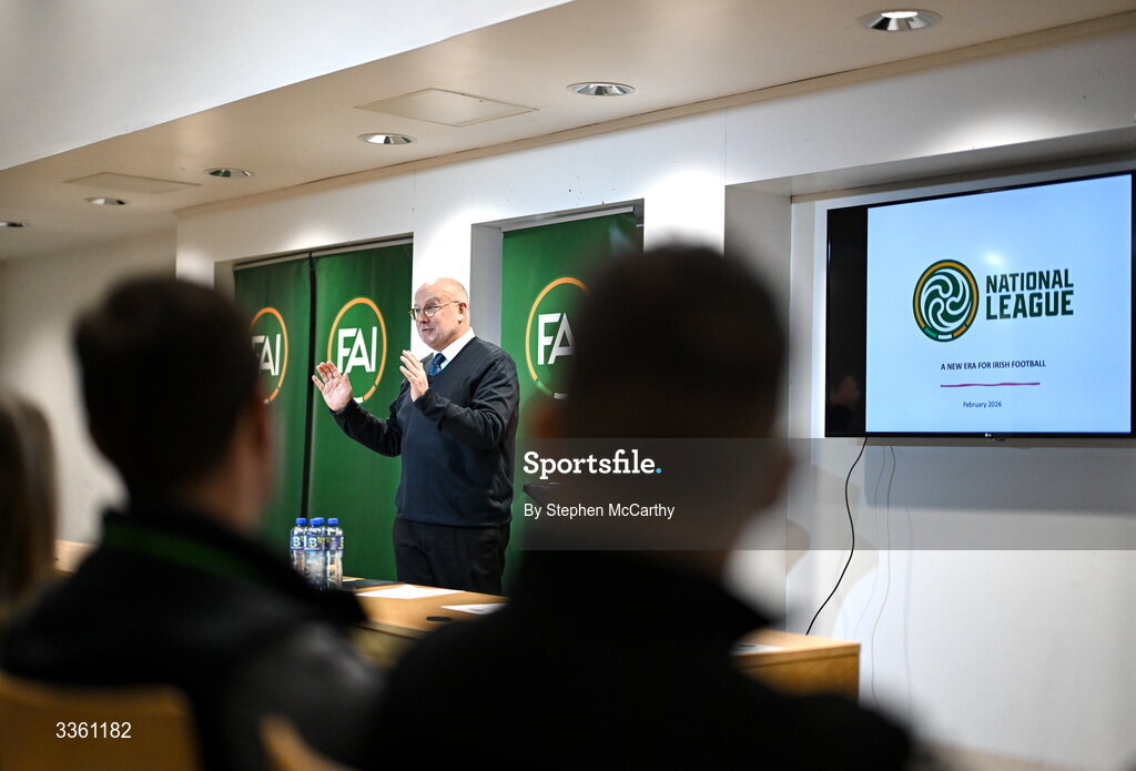 18 February 2026; FAI head of competitions Fran Gavin during an FAI National League Clubs Workshop at the FAI Headquarters in Abbotstown, Dublin. Photo by Stephen McCarthy/Sportsfile