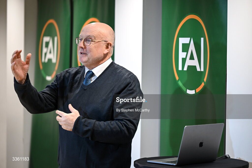 18 February 2026; FAI head of competitions Fran Gavin during an FAI National League Clubs Workshop at the FAI Headquarters in Abbotstown, Dublin. Photo by Stephen McCarthy/Sportsfile