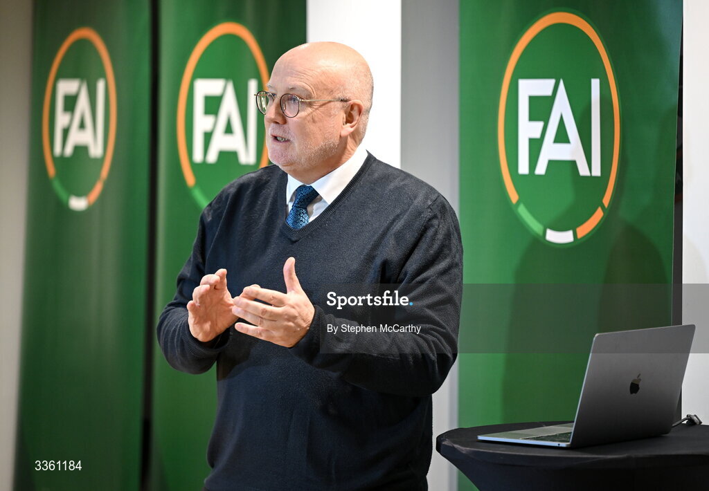 18 February 2026; FAI head of competitions Fran Gavin during an FAI National League Clubs Workshop at the FAI Headquarters in Abbotstown, Dublin. Photo by Stephen McCarthy/Sportsfile