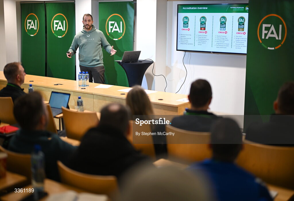 18 February 2026; FAI club development programme coordinator Barry McGann during an FAI National League Clubs Workshop at the FAI Headquarters in Abbotstown, Dublin. Photo by Stephen McCarthy/Sportsfile