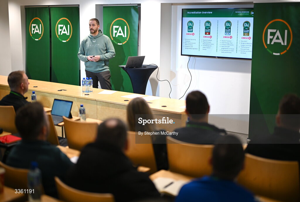 18 February 2026; FAI club development programme coordinator Barry McGann during an FAI National League Clubs Workshop at the FAI Headquarters in Abbotstown, Dublin. Photo by Stephen McCarthy/Sportsfile