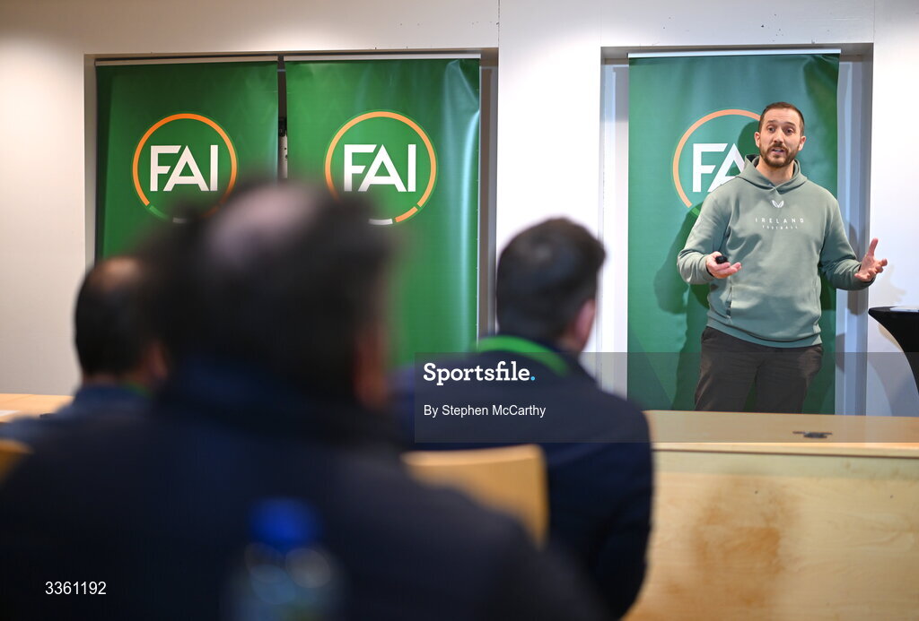 18 February 2026; FAI club development programme coordinator Barry McGann during an FAI National League Clubs Workshop at the FAI Headquarters in Abbotstown, Dublin. Photo by Stephen McCarthy/Sportsfile
