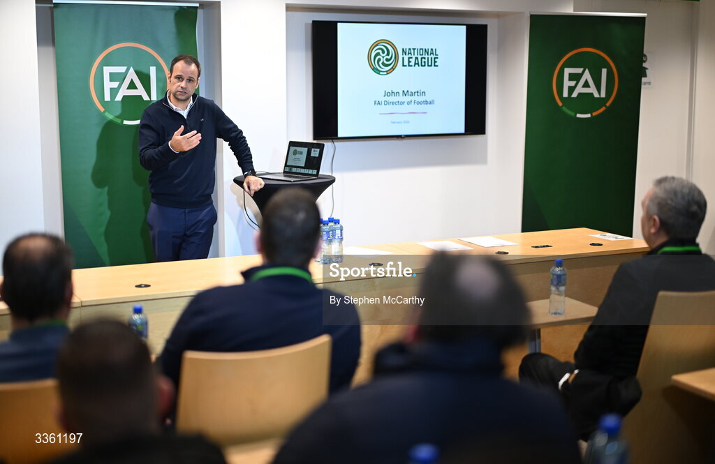 18 February 2026; FAI director of football John Martin during an FAI National League Clubs Workshop at the FAI Headquarters in Abbotstown, Dublin. Photo by Stephen McCarthy/Sportsfile