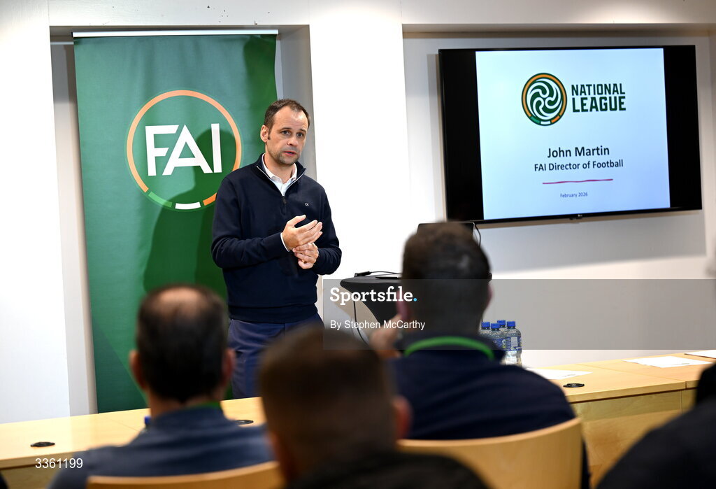18 February 2026; FAI director of football John Martin during an FAI National League Clubs Workshop at the FAI Headquarters in Abbotstown, Dublin. Photo by Stephen McCarthy/Sportsfile
