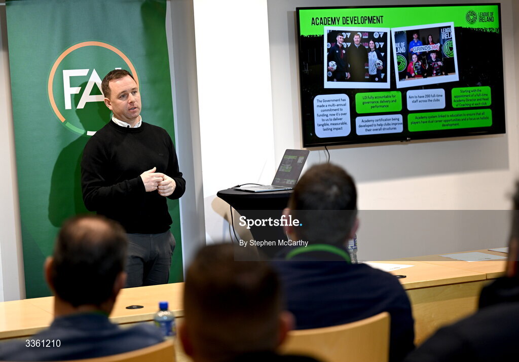 18 February 2026; League of Ireland director Mark Scanlon during an FAI National League Clubs Workshop at the FAI Headquarters in Abbotstown, Dublin. Photo by Stephen McCarthy/Sportsfile