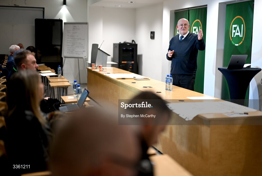 18 February 2026; FAI head of competitions Fran Gavin during an FAI National League Clubs Workshop at the FAI Headquarters in Abbotstown, Dublin. Photo by Stephen McCarthy/Sportsfile