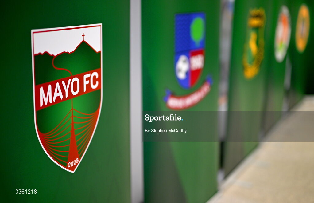 18 February 2026; The crest of Mayo FC during an FAI National League Clubs Workshop at the FAI Headquarters in Abbotstown, Dublin. Photo by Stephen McCarthy/Sportsfile
