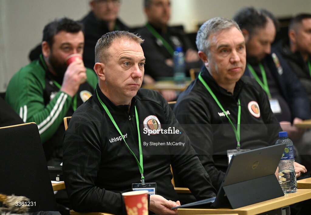 18 February 2026; Vinny Slevin and John Doyle, right, of Lucan United during an FAI National League Clubs Workshop at the FAI Headquarters in Abbotstown, Dublin. Photo by Stephen McCarthy/Sportsfile