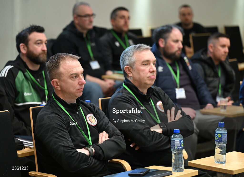 18 February 2026; Lucan United representatives Vinny Slevin and John Doyle, right, during an FAI National League Clubs Workshop at the FAI Headquarters in Abbotstown, Dublin. Photo by Stephen McCarthy/Sportsfile