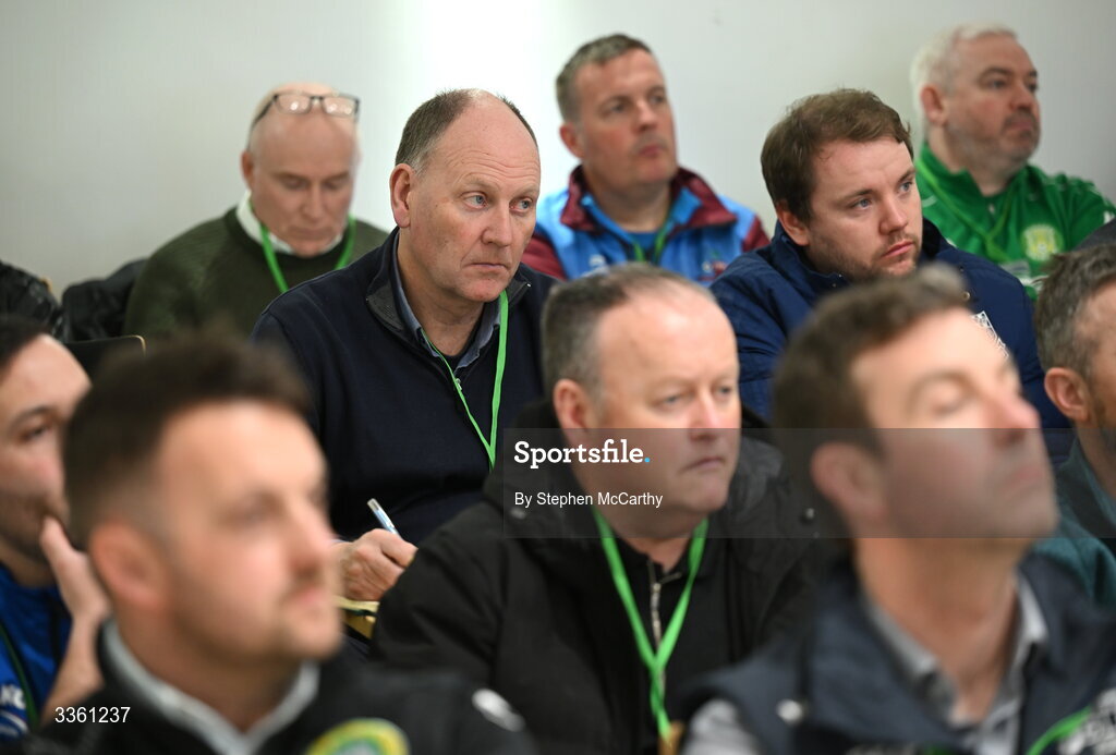 18 February 2026; CC head of sport Morgan Buckley and Conor Coad of Villa FC, right, during an FAI National League Clubs Workshop at the FAI Headquarters in Abbotstown, Dublin. Photo by Stephen McCarthy/Sportsfile
