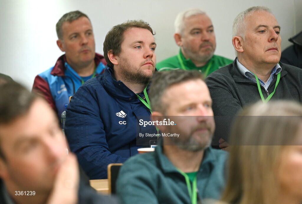 18 February 2026; Villa FC representatives Conor Coad and Paul Morrissey, right, during an FAI National League Clubs Workshop at the FAI Headquarters in Abbotstown, Dublin. Photo by Stephen McCarthy/Sportsfile