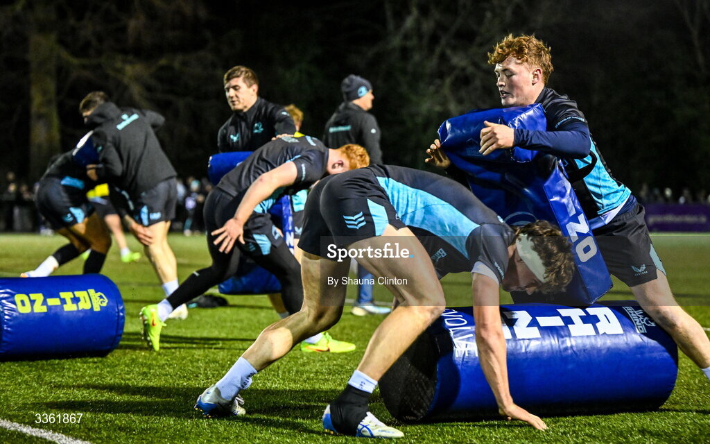 19 February 2026; Tadhg Brophy, right, and Joshua Kenny during the Leinster Rugby open training session at Terenure College RFC at Lakelands Park in Dublin. Photo by Shauna Clinton/Sportsfile