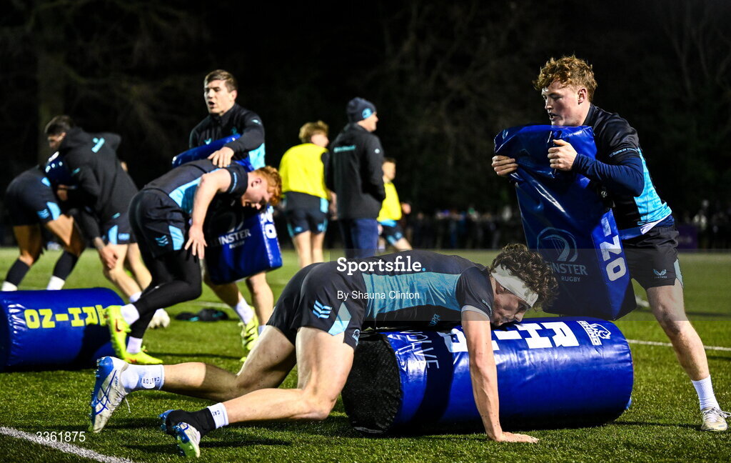 19 February 2026; Tadhg Brophy, right, and Joshua Kenny during the Leinster Rugby open training session at Terenure College RFC at Lakelands Park in Dublin. Photo by Shauna Clinton/Sportsfile