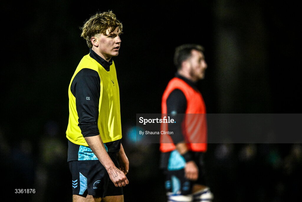 19 February 2026; Caspar Gabriel during the Leinster Rugby open training session at Terenure College RFC at Lakelands Park in Dublin. Photo by Shauna Clinton/Sportsfile