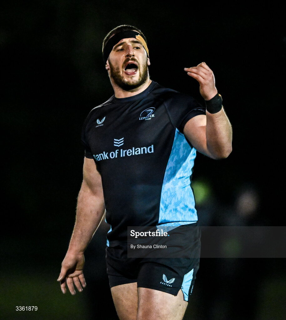 19 February 2026; Jerry Cahir during the Leinster Rugby open training session at Terenure College RFC at Lakelands Park in Dublin. Photo by Shauna Clinton/Sportsfile