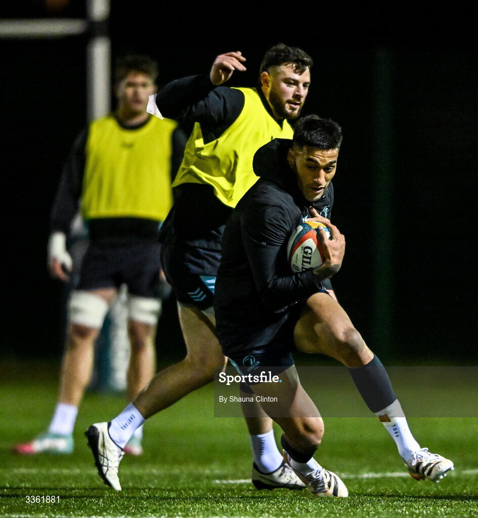 19 February 2026; Rieko Ioane during the Leinster Rugby open training session at Terenure College RFC at Lakelands Park in Dublin. Photo by Shauna Clinton/Sportsfile