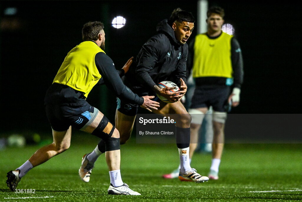 19 February 2026; Rieko Ioane during the Leinster Rugby open training session at Terenure College RFC at Lakelands Park in Dublin. Photo by Shauna Clinton/Sportsfile
