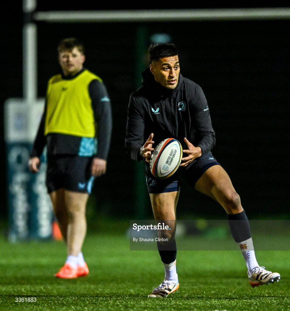 19 February 2026; Rieko Ioane during the Leinster Rugby open training session at Terenure College RFC at Lakelands Park in Dublin. Photo by Shauna Clinton/Sportsfile