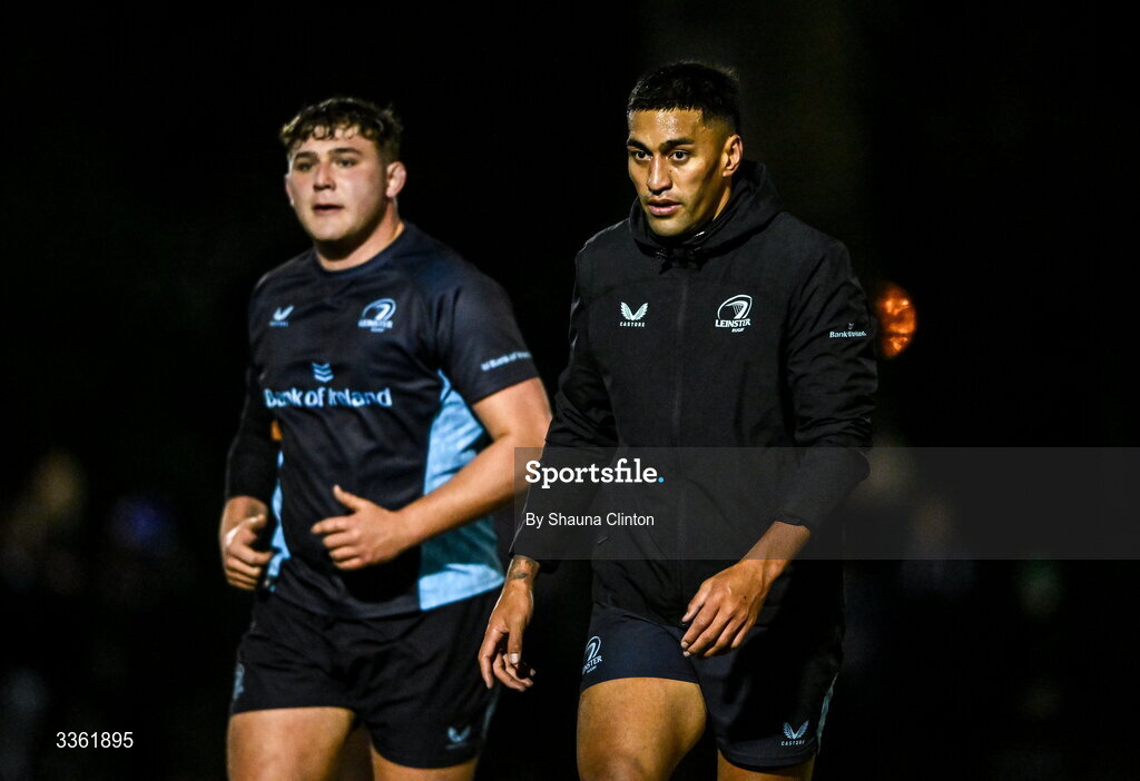19 February 2026; Rieko Ioane, right, during the Leinster Rugby open training session at Terenure College RFC at Lakelands Park in Dublin. Photo by Shauna Clinton/Sportsfile