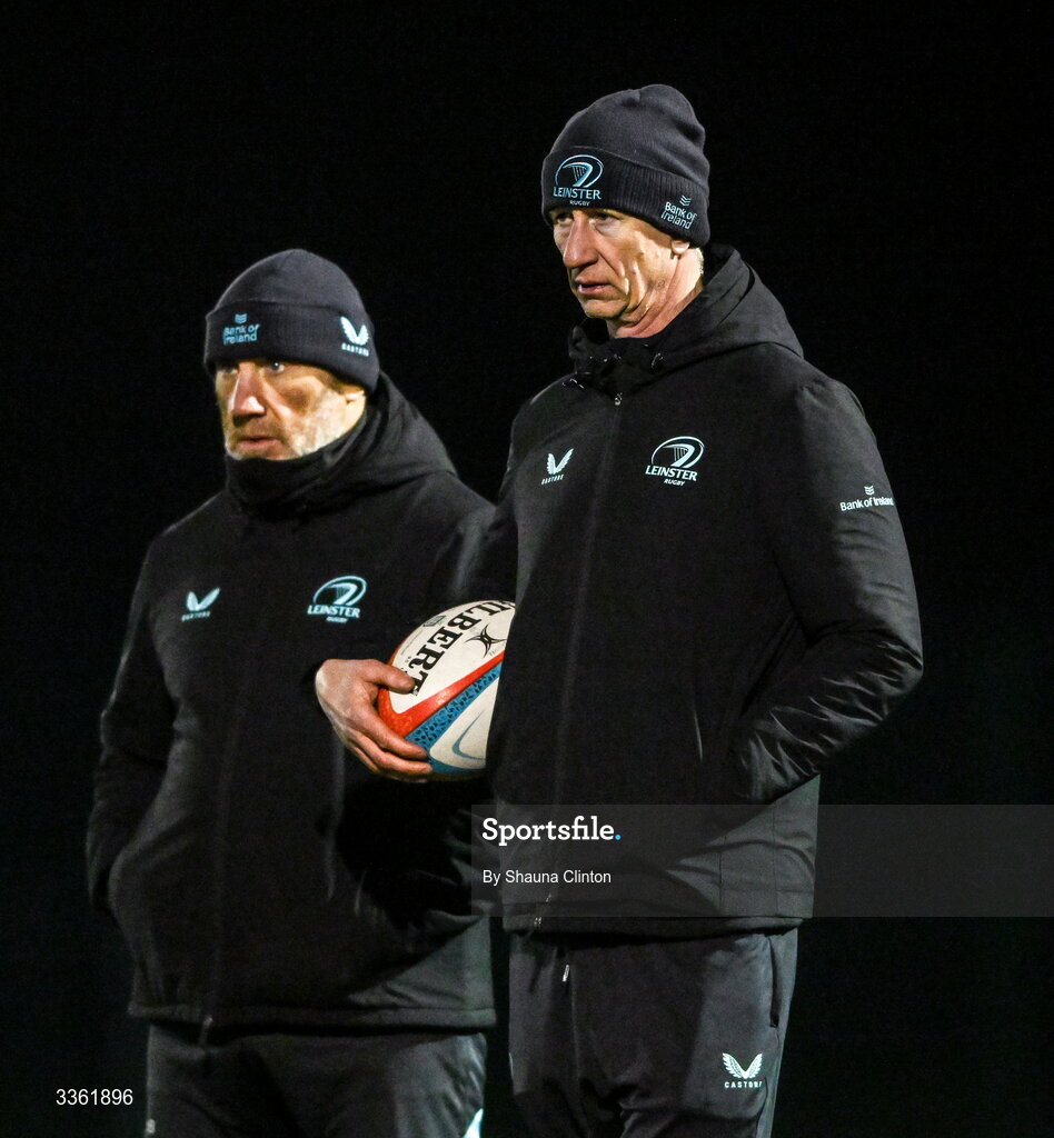 19 February 2026; Head coach Leo Cullen, right, and assistant coach Robin McBryde during the Leinster Rugby open training session at Terenure College RFC at Lakelands Park in Dublin. Photo by Shauna Clinton/Sportsfile