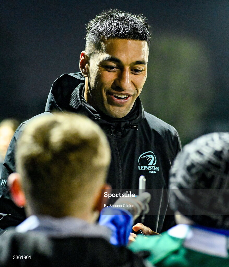 19 February 2026; Rieko Ioane with supporters during the Leinster Rugby open training session at Terenure College RFC at Lakelands Park in Dublin. Photo by Shauna Clinton/Sportsfile