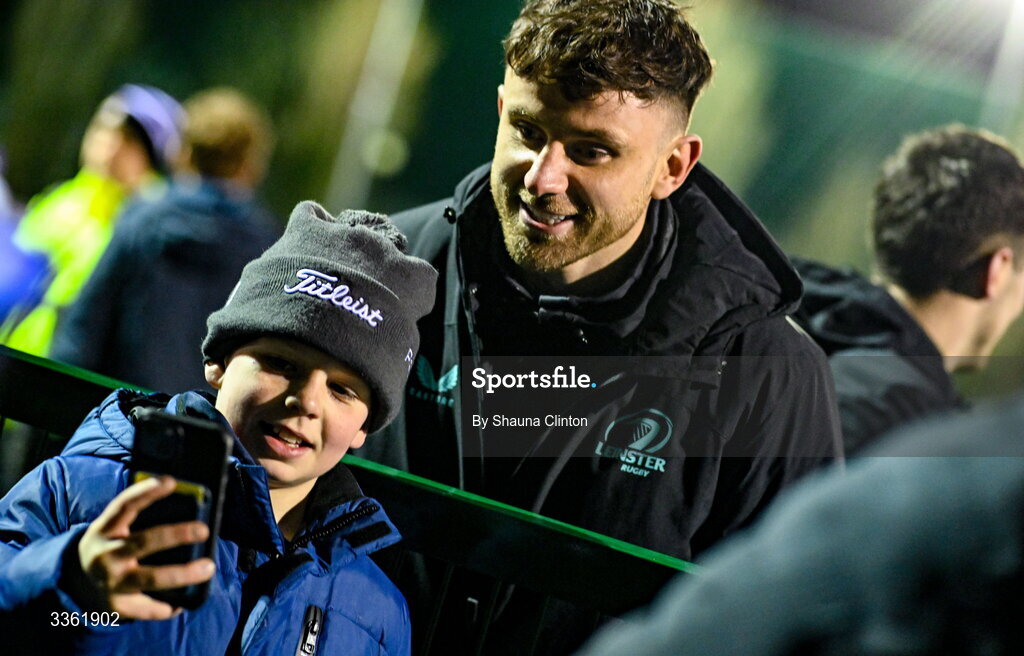 19 February 2026; Hugo Keenan with supporters during the Leinster Rugby open training session at Terenure College RFC at Lakelands Park in Dublin. Photo by Shauna Clinton/Sportsfile