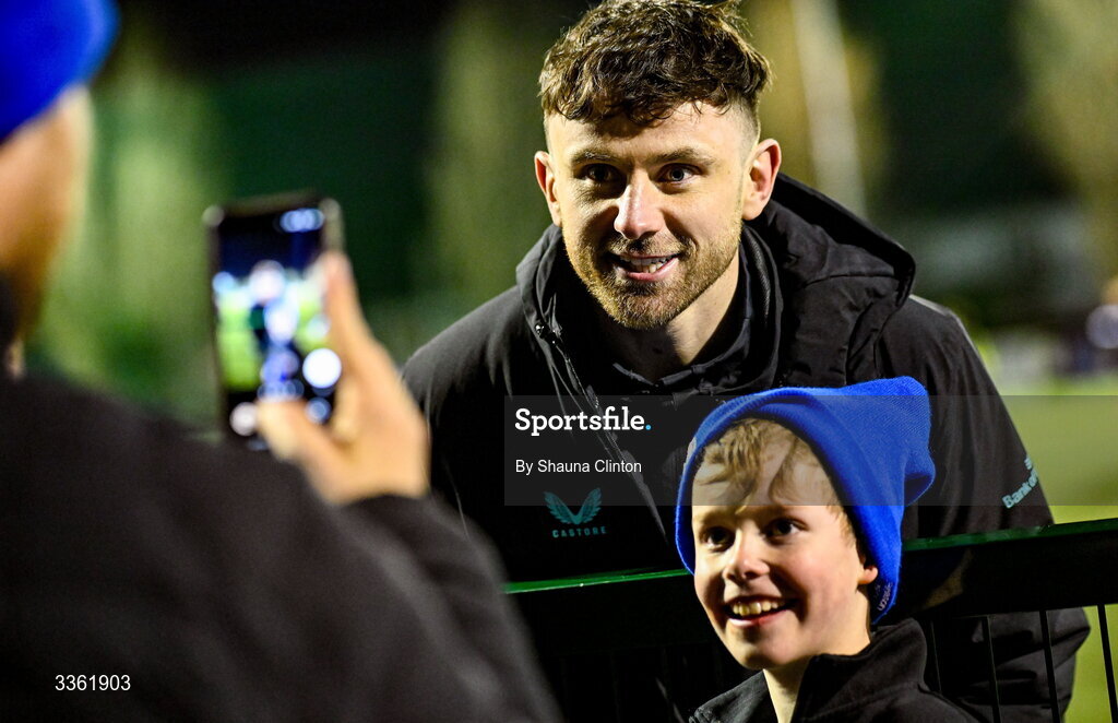 19 February 2026; Hugo Keenan with supporters during the Leinster Rugby open training session at Terenure College RFC at Lakelands Park in Dublin. Photo by Shauna Clinton/Sportsfile