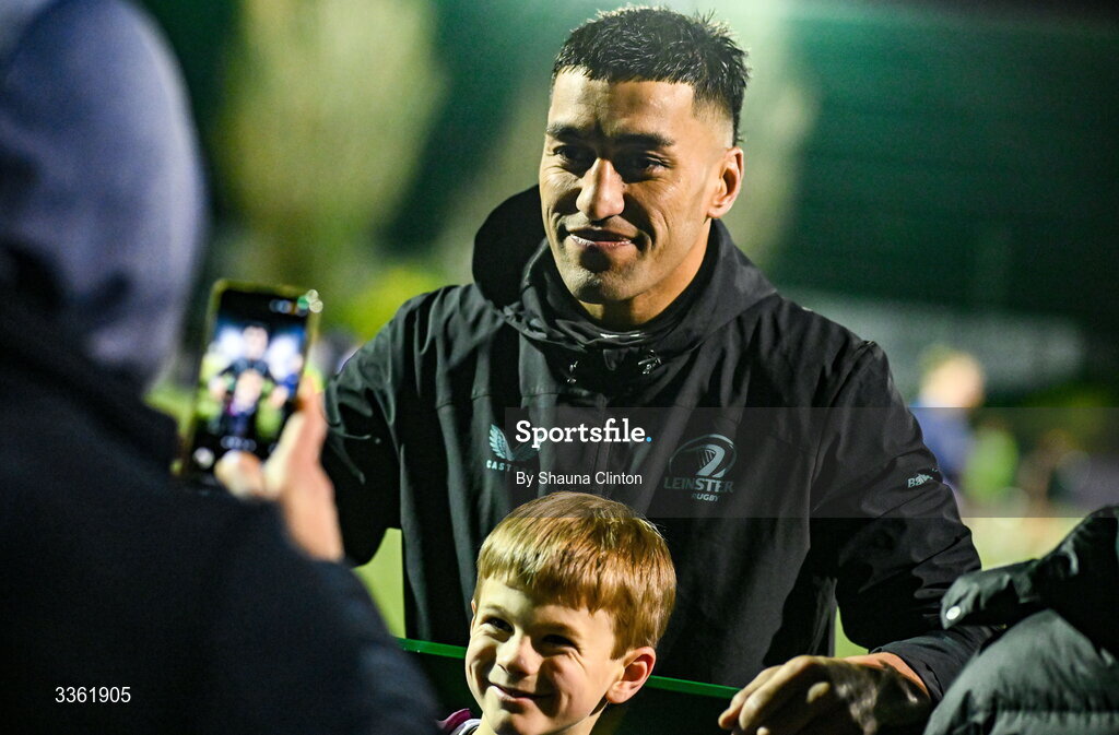 19 February 2026; Rieko Ioane with supporters during the Leinster Rugby open training session at Terenure College RFC at Lakelands Park in Dublin. Photo by Shauna Clinton/Sportsfile
