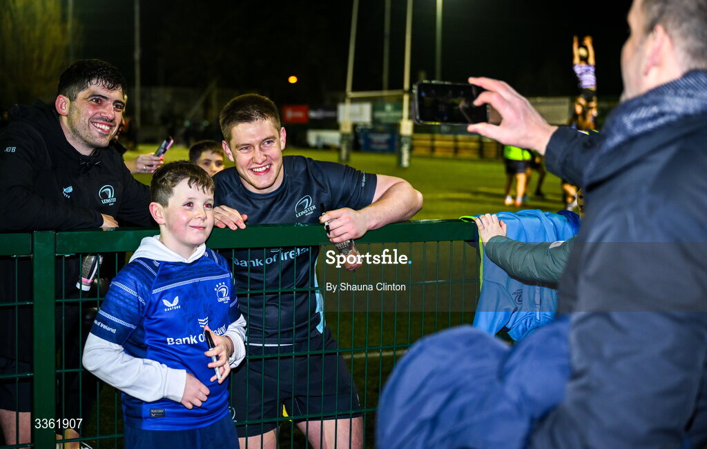 19 February 2026; Jimmy O'Brien, left, and Conor O'Tighearnaigh with supporters during the Leinster Rugby open training session at Terenure College RFC at Lakelands Park in Dublin. Photo by Shauna Clinton/Sportsfile
