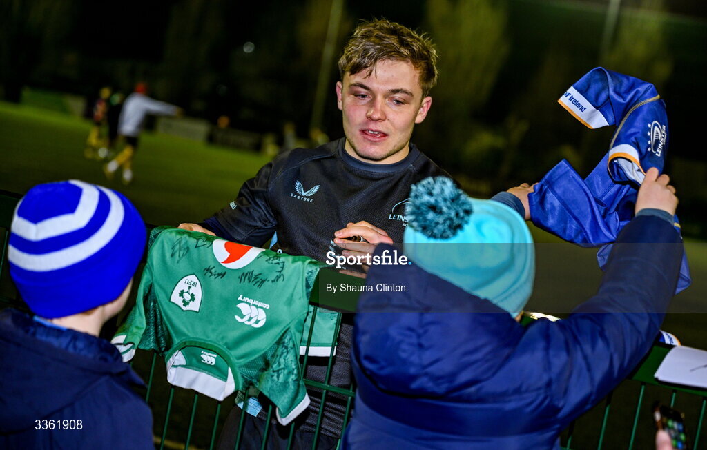 19 February 2026; Fintan Gunne with supporters during the Leinster Rugby open training session at Terenure College RFC at Lakelands Park in Dublin. Photo by Shauna Clinton/Sportsfile