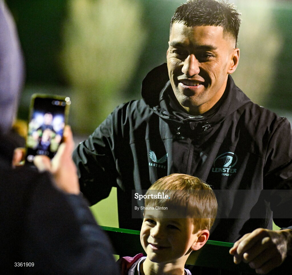 19 February 2026; Rieko Ioane with supporters during the Leinster Rugby open training session at Terenure College RFC at Lakelands Park in Dublin. Photo by Shauna Clinton/Sportsfile