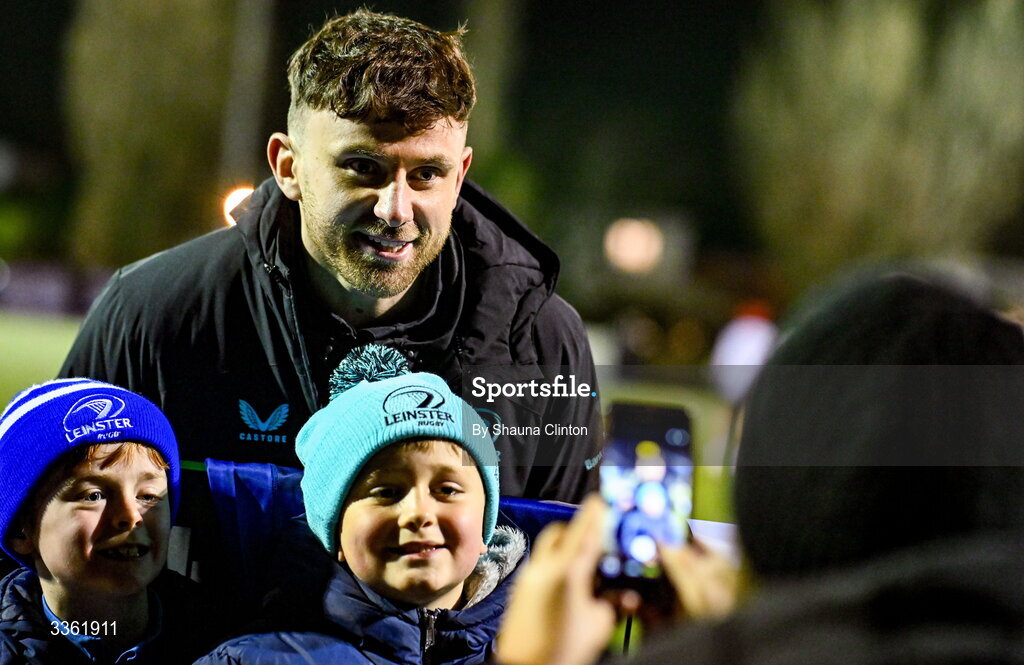 19 February 2026; Hugo Keenan with supporters during the Leinster Rugby open training session at Terenure College RFC at Lakelands Park in Dublin. Photo by Shauna Clinton/Sportsfile