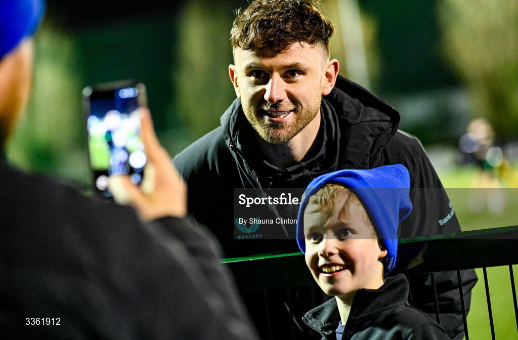 19 February 2026; Hugo Keenan with supporters during the Leinster Rugby open training session at Terenure College RFC at Lakelands Park in Dublin. Photo by Shauna Clinton/Sportsfile