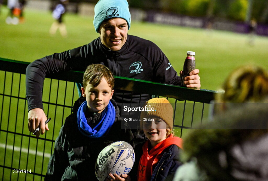 19 February 2026; Luke McGrath with supporters during the Leinster Rugby open training session at Terenure College RFC at Lakelands Park in Dublin. Photo by Shauna Clinton/Sportsfile