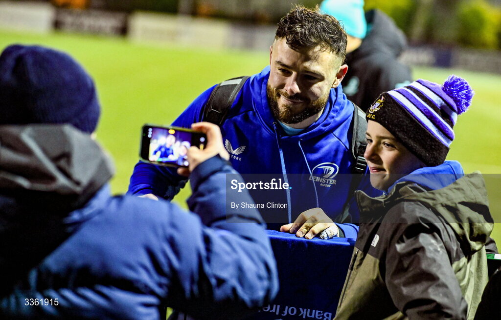 19 February 2026; Robbie Henshaw with supporters during the Leinster Rugby open training session at Terenure College RFC at Lakelands Park in Dublin. Photo by Shauna Clinton/Sportsfile