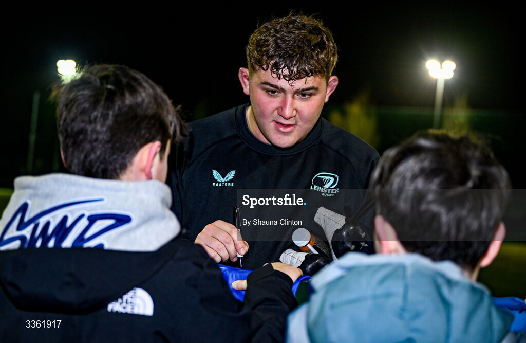 19 February 2026; Andrew Sparrow with supporters during the Leinster Rugby open training session at Terenure College RFC at Lakelands Park in Dublin. Photo by Shauna Clinton/Sportsfile