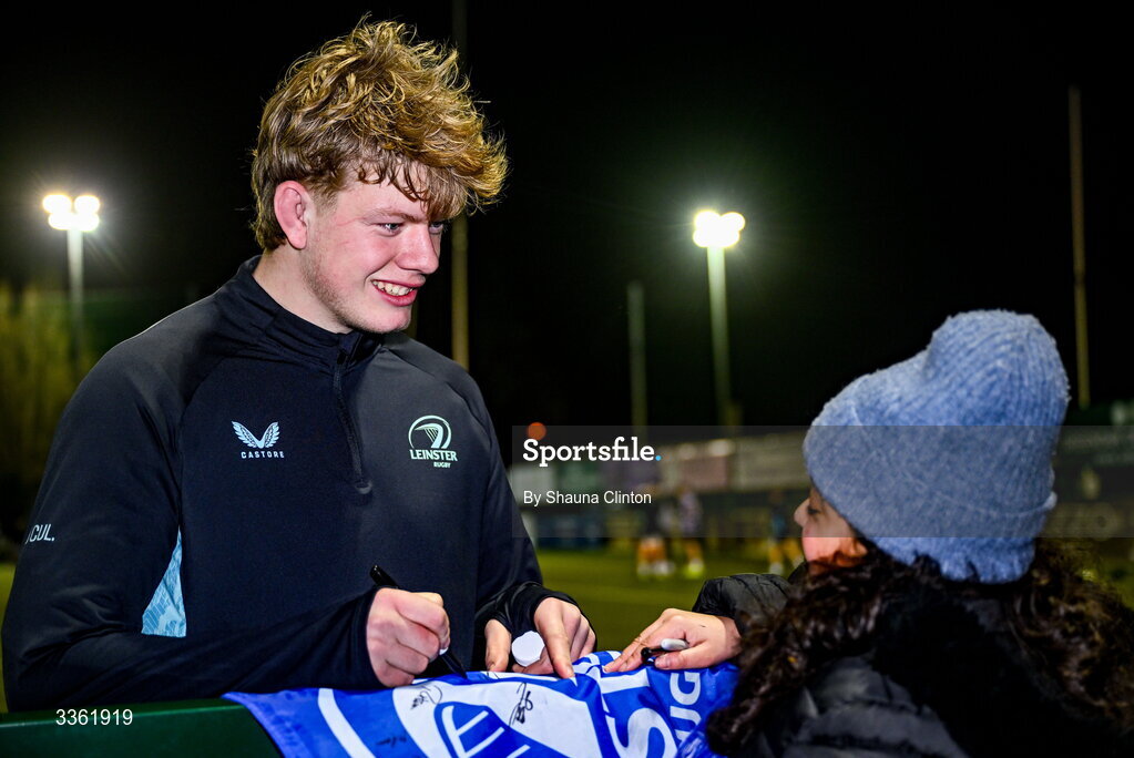 19 February 2026; Billy Corrigan with supporters during the Leinster Rugby open training session at Terenure College RFC at Lakelands Park in Dublin. Photo by Shauna Clinton/Sportsfile
