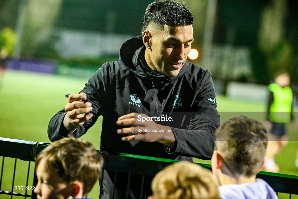 19 February 2026; Rieko Ioane with supporters during the Leinster Rugby open training session at Terenure College RFC at Lakelands Park in Dublin. Photo by Shauna Clinton/Sportsfile
