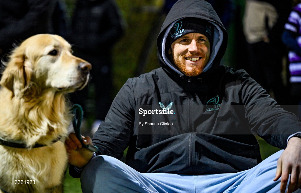 19 February 2026; Ryan Baird with his dog Mackenzie during the Leinster Rugby open training session at Terenure College RFC at Lakelands Park in Dublin. Photo by Shauna Clinton/Sportsfile