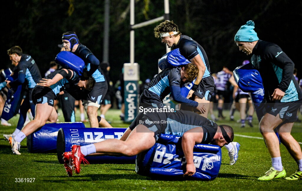 19 February 2026; Luke McGrath, right, and Jerry Cahir during the Leinster Rugby open training session at Terenure College RFC at Lakelands Park in Dublin. Photo by Shauna Clinton/Sportsfile