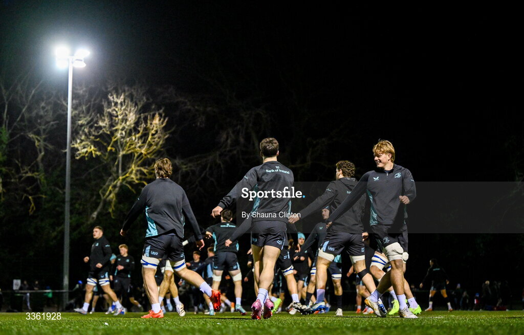 19 February 2026; Billy Corrigan, right, and team-mates during the Leinster Rugby open training session at Terenure College RFC at Lakelands Park in Dublin. Photo by Shauna Clinton/Sportsfile