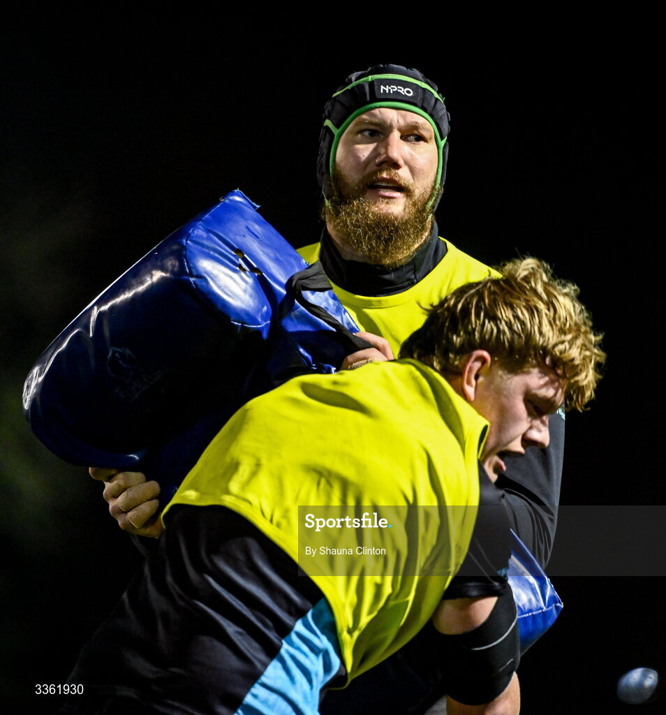 19 February 2026; RG Snyman, left, and Billy Corrigan during the Leinster Rugby open training session at Terenure College RFC at Lakelands Park in Dublin. Photo by Shauna Clinton/Sportsfile