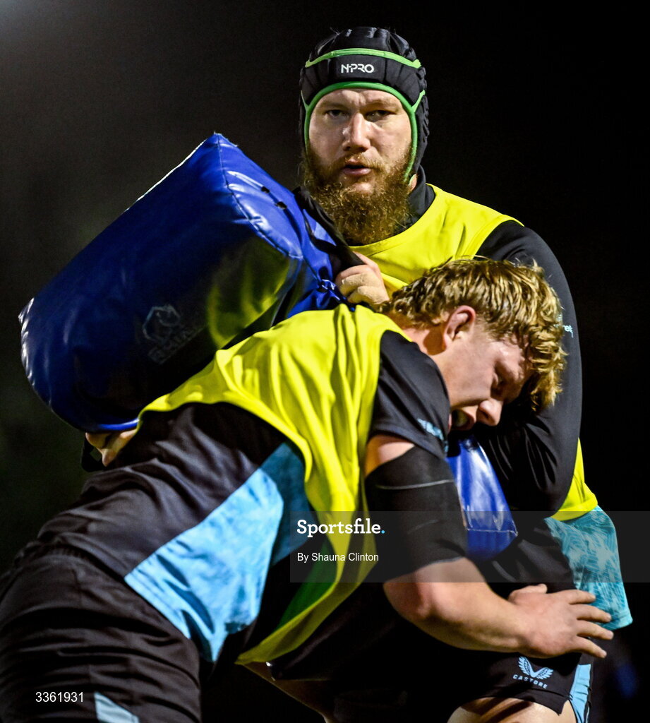 19 February 2026; RG Snyman, left, and Billy Corrigan during the Leinster Rugby open training session at Terenure College RFC at Lakelands Park in Dublin. Photo by Shauna Clinton/Sportsfile