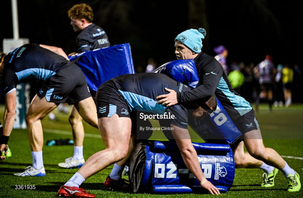 19 February 2026; Luke McGrath, right, and Jerry Cahir during the Leinster Rugby open training session at Terenure College RFC at Lakelands Park in Dublin. Photo by Shauna Clinton/Sportsfile
